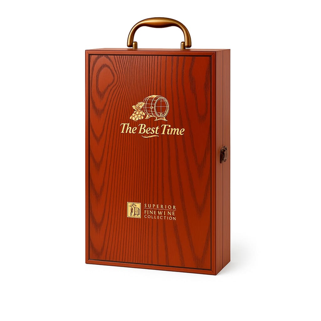 Maleta para vinho de madeira com compartimento para 2 garrafas e kit de 2 acessórios