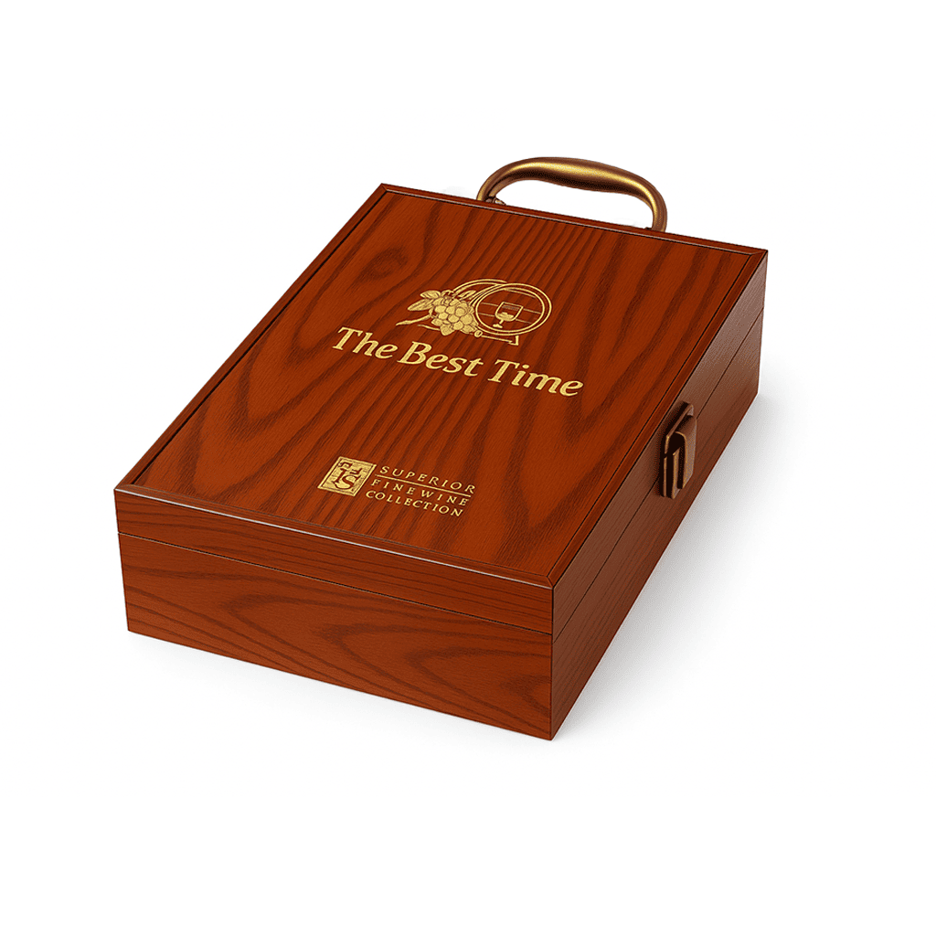 Maleta para vinho de madeira com compartimento para 2 garrafas e kit de 2 acessórios