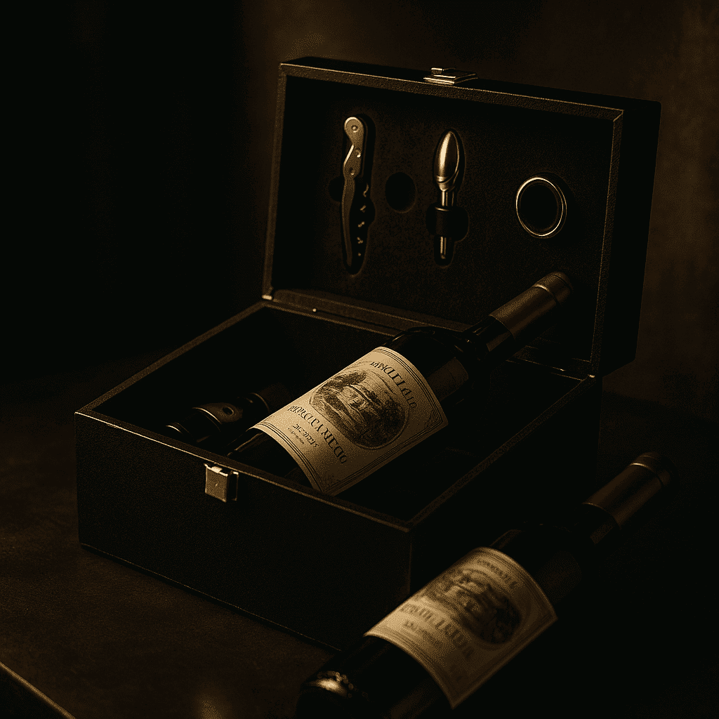 Maleta para vinho de couro com compartimento para 2 garrafas e kit de 4 acessórios