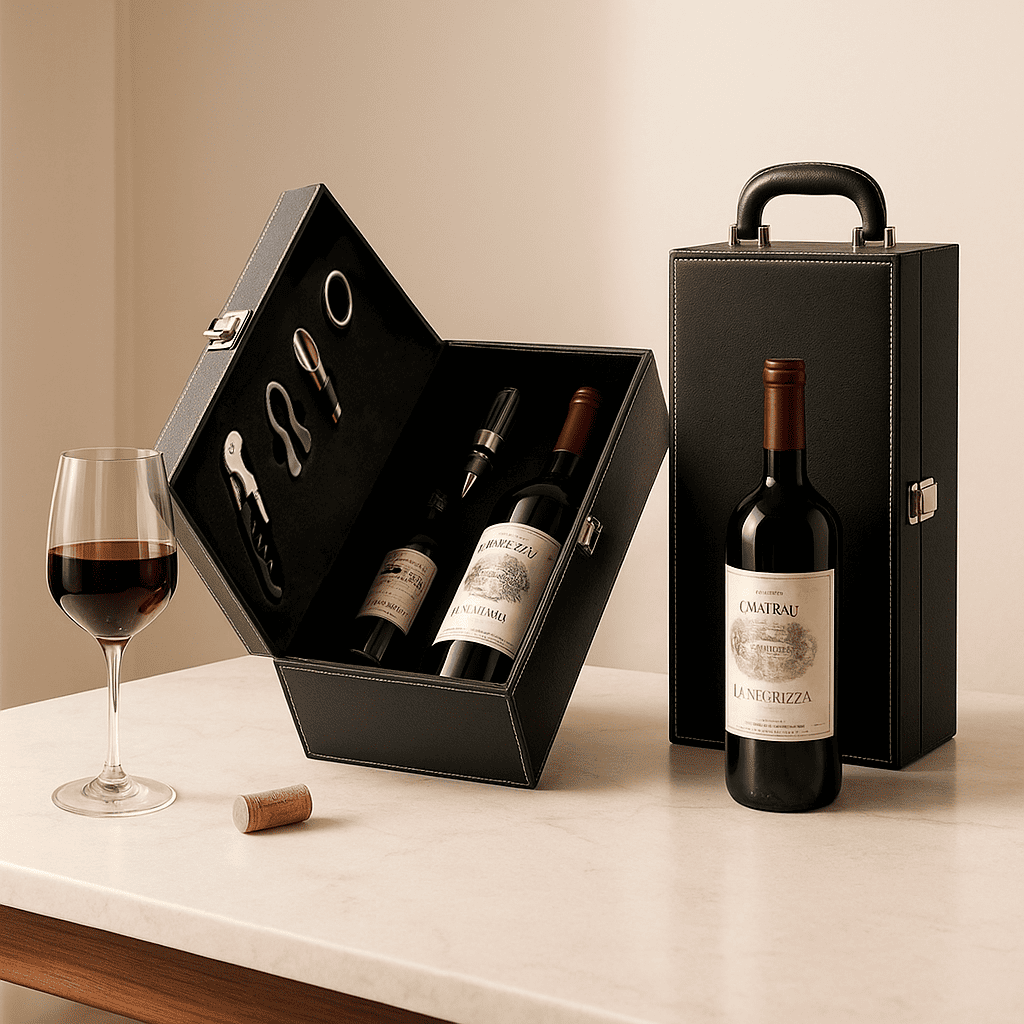Maleta para vinho de couro com compartimento para 2 garrafas e kit de 4 acessórios