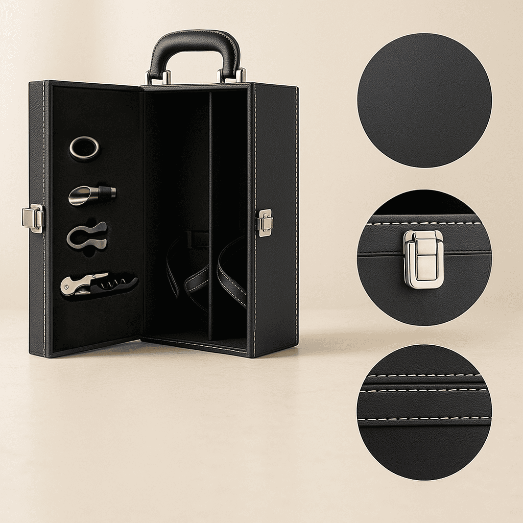 Maleta para vinho de couro com compartimento para 2 garrafas e kit de 4 acessórios