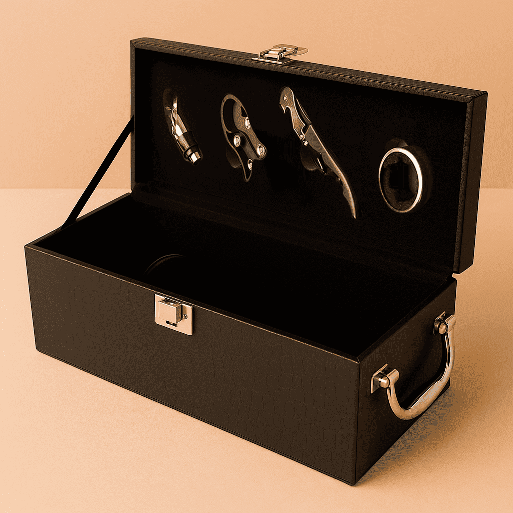 Maleta para vinho de couro com compartimento para 1 garrafa e kit de 4 acessórios