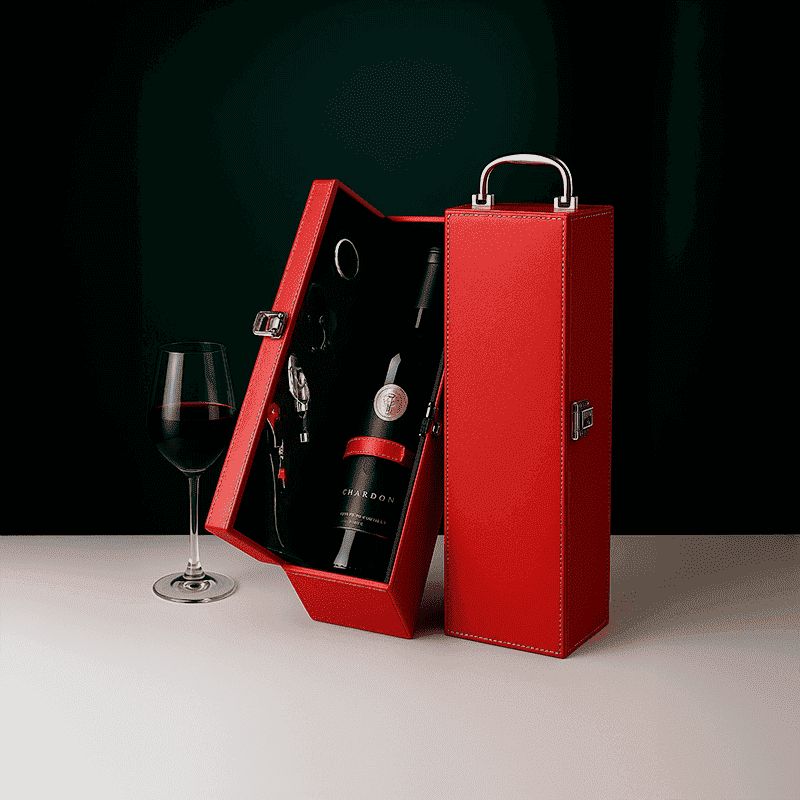 Maleta para vinho de couro com compartimento para 1 e 2 garrafas e kit de 4 acessórios
