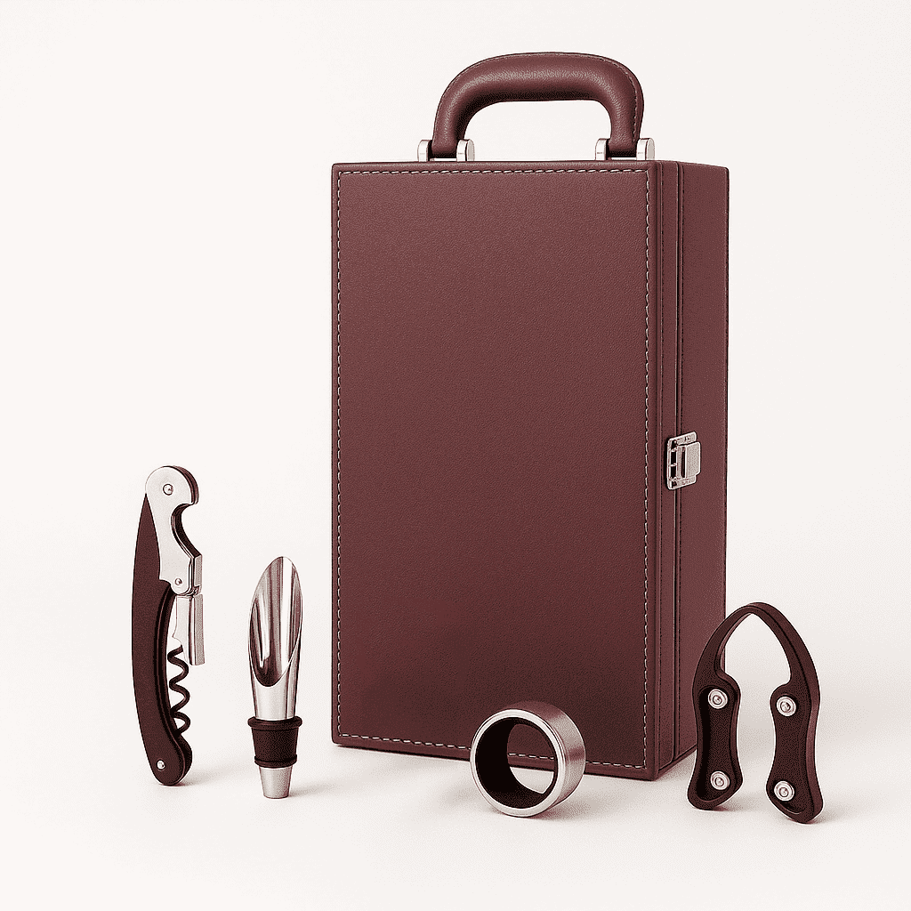 Maleta para vinho de couro com compartimento para 2 garrafas e kit de 4 acessórios