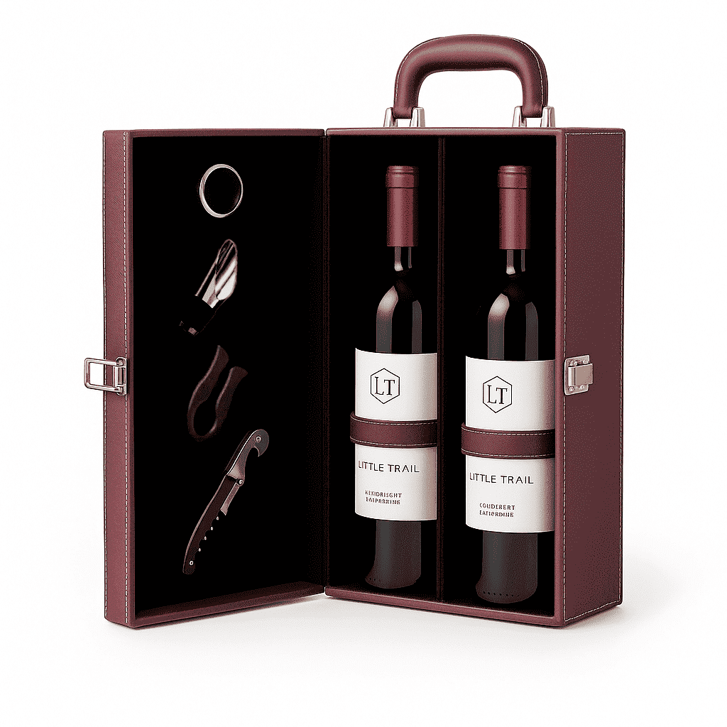 Maleta para vinho de couro com compartimento para 2 garrafas e kit de 4 acessórios