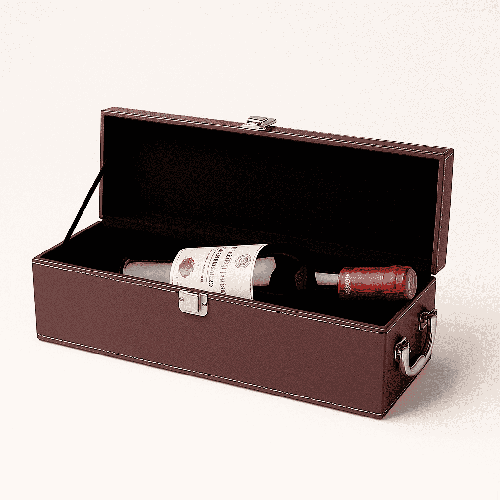 Maleta para vinho de couro com compartimento para 1 garrafa e kit de 4 acessórios