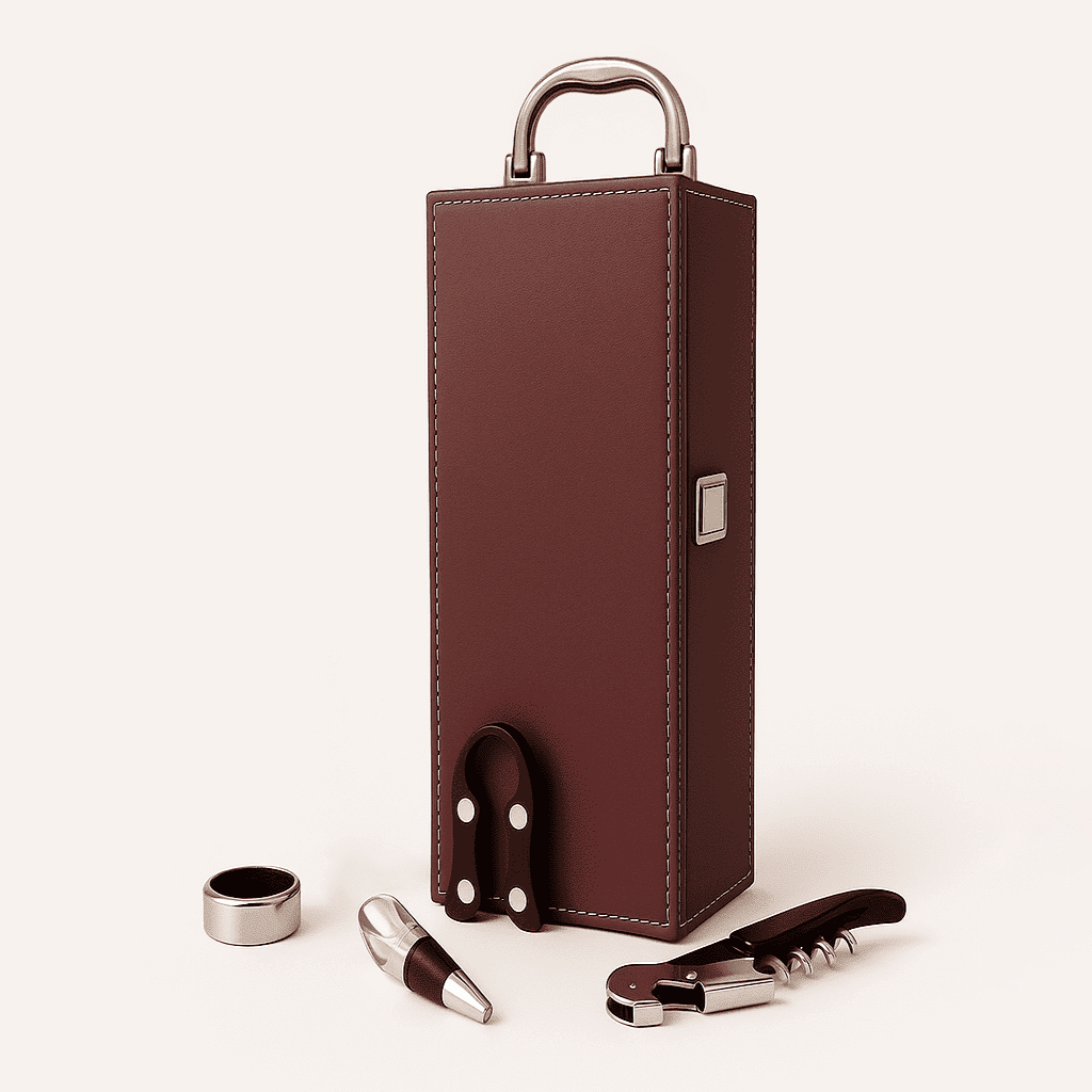Maleta para vinho de couro com compartimento para 1 garrafa e kit de 4 acessórios
