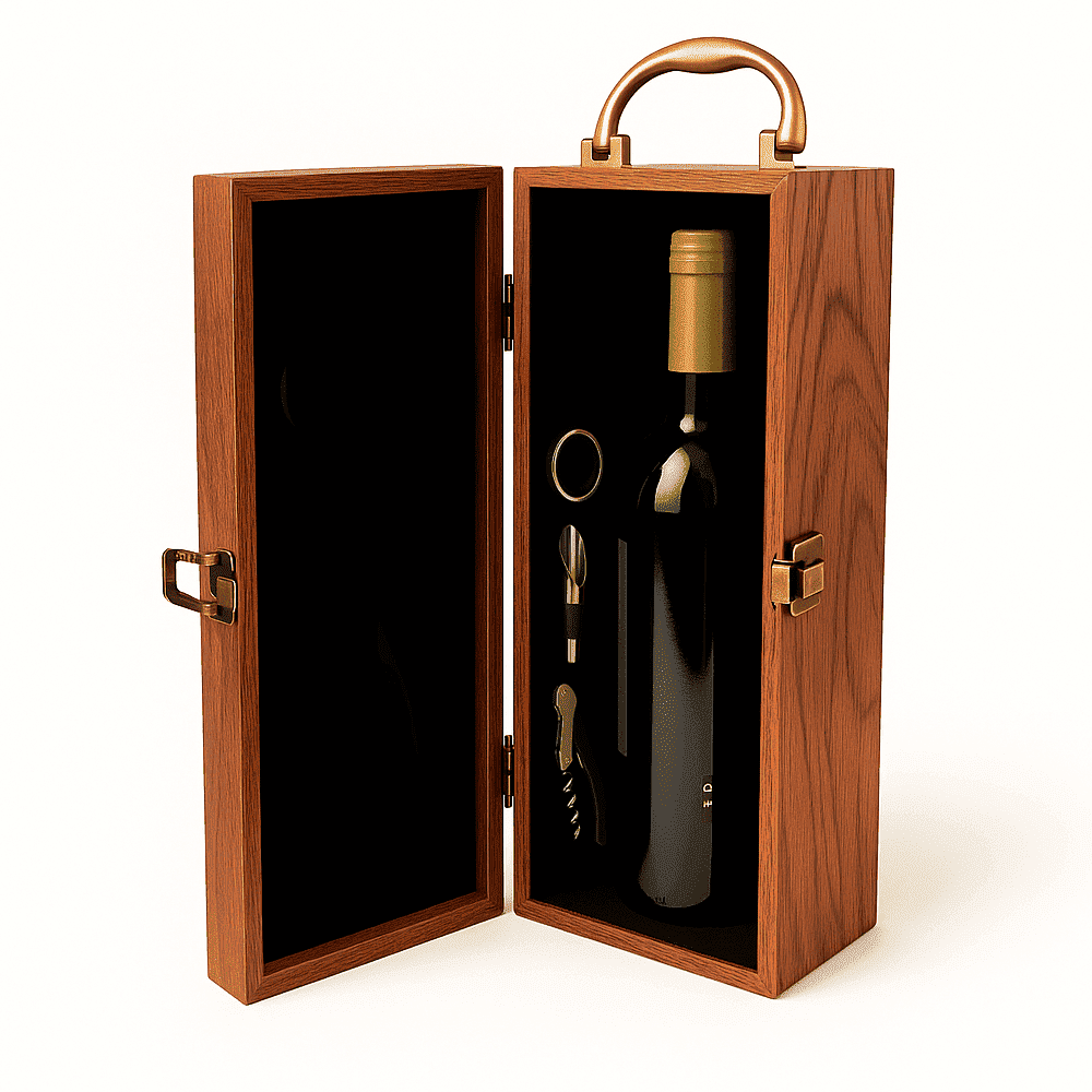 Maleta para vinho de madeira com compartimento para 1 garrafa e kit de 3 acessórios