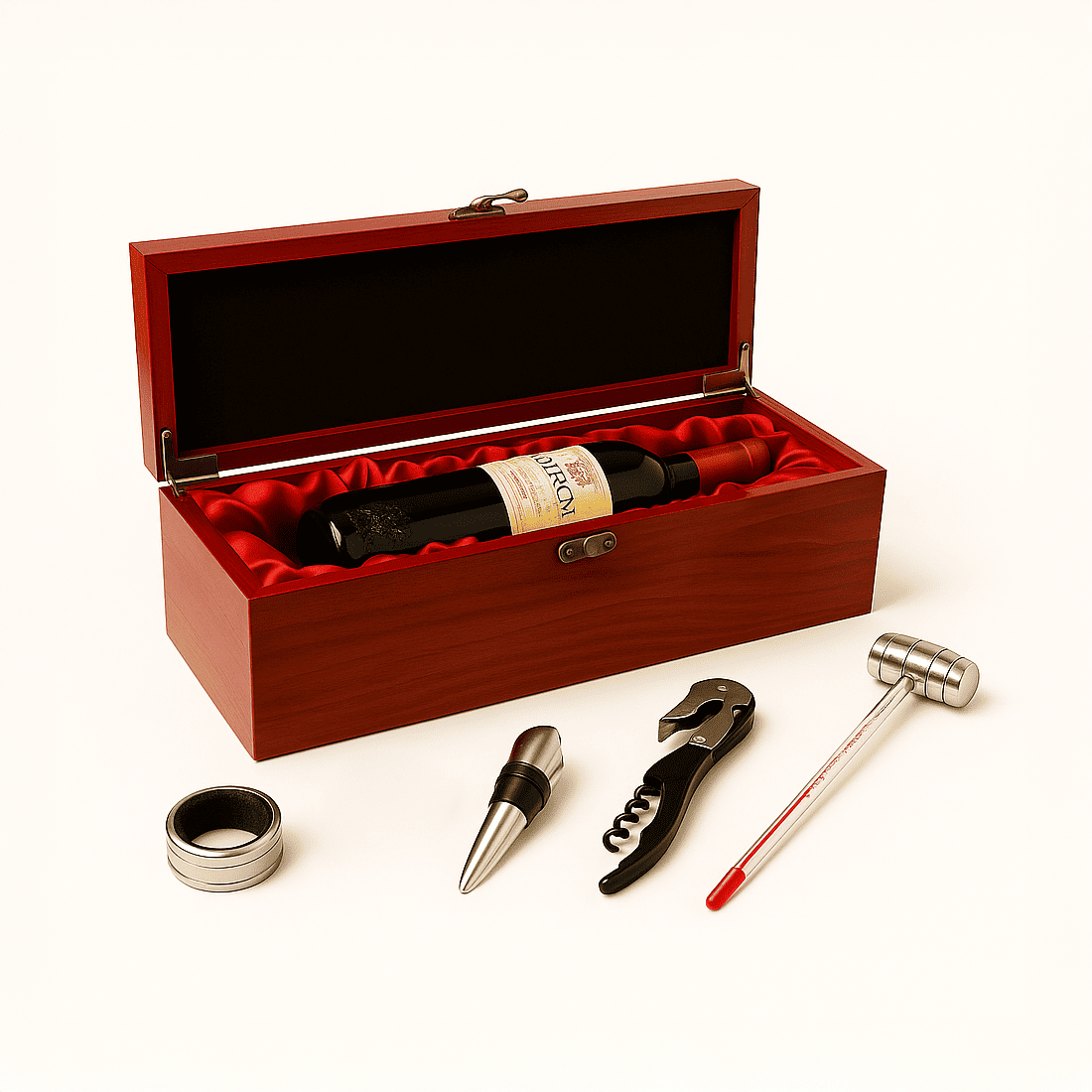 Maleta para vinho de madeira com compartimento para 1 garrafa e kit de 5 acessórios