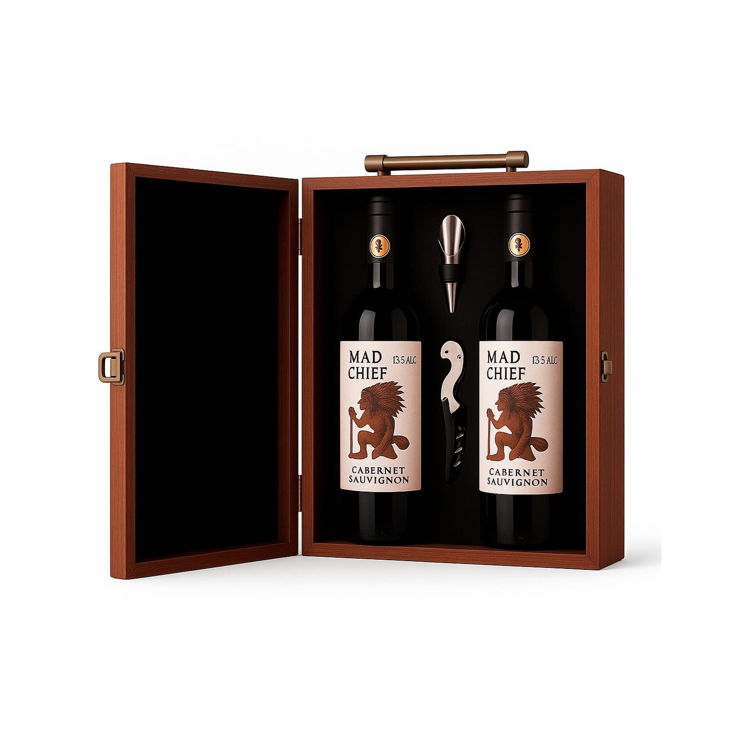 Maleta para vinho de madeira com compartimento para 2 garrafas e kit de 2 acessórios