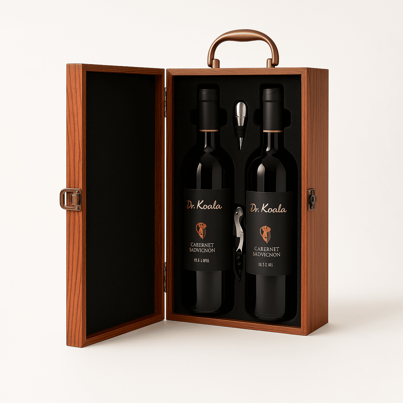 Maleta para vinho de madeira com compartimento para 2 garrafas e kit de 2 acessórios