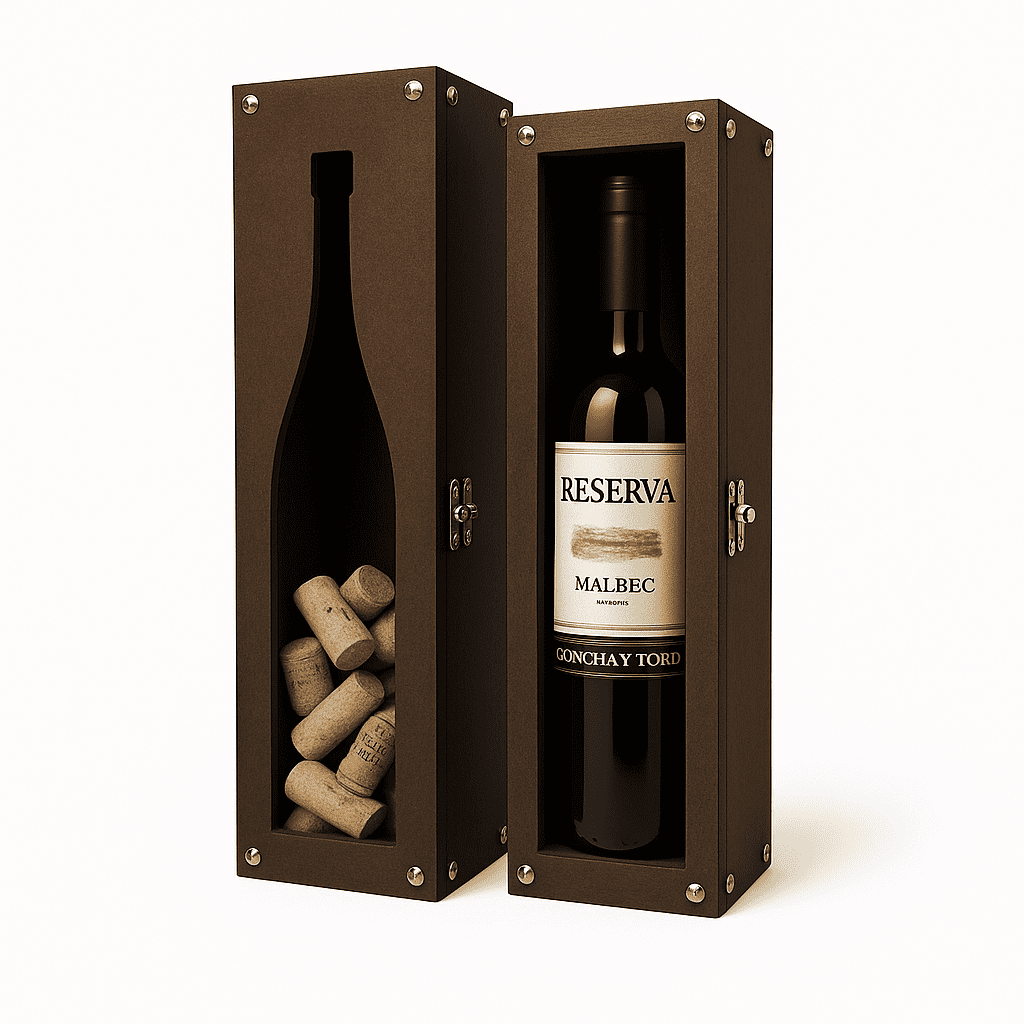 Maleta para vinho de madeira com compartimento para 1 garrafa / Maleta porta rolhas