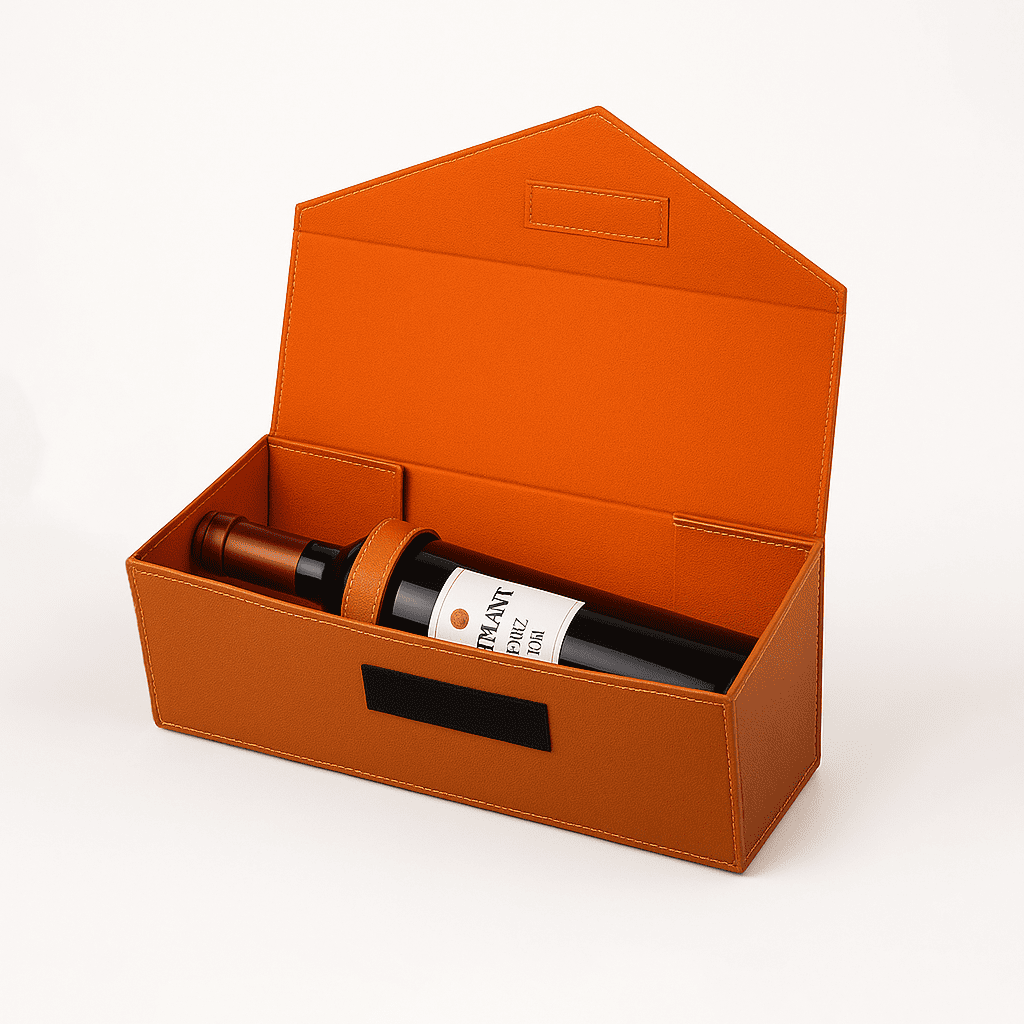 Caixa para vinho desmontável e dobrável de couro com compartimento para 1 garrafa