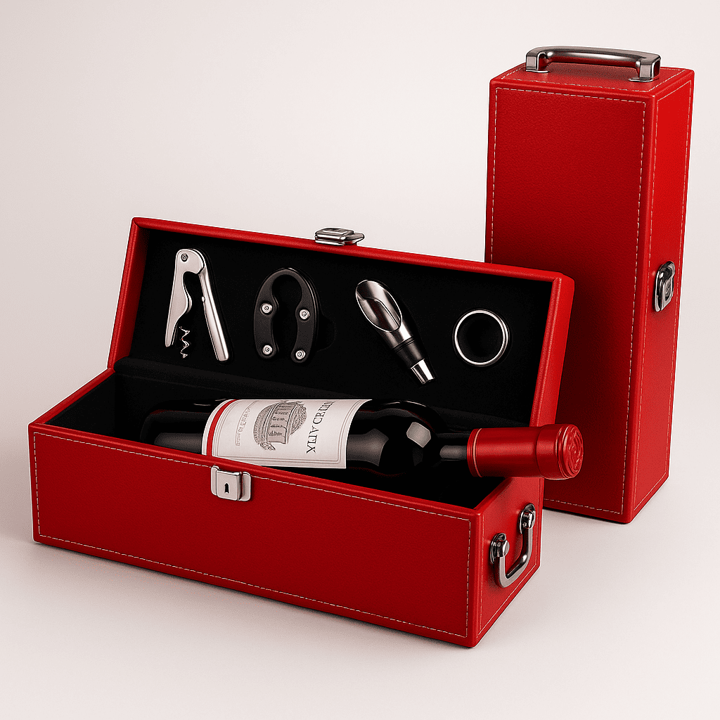 Maleta para vinho de couro com compartimento para 1 e 2 garrafas e kit de 4 acessórios