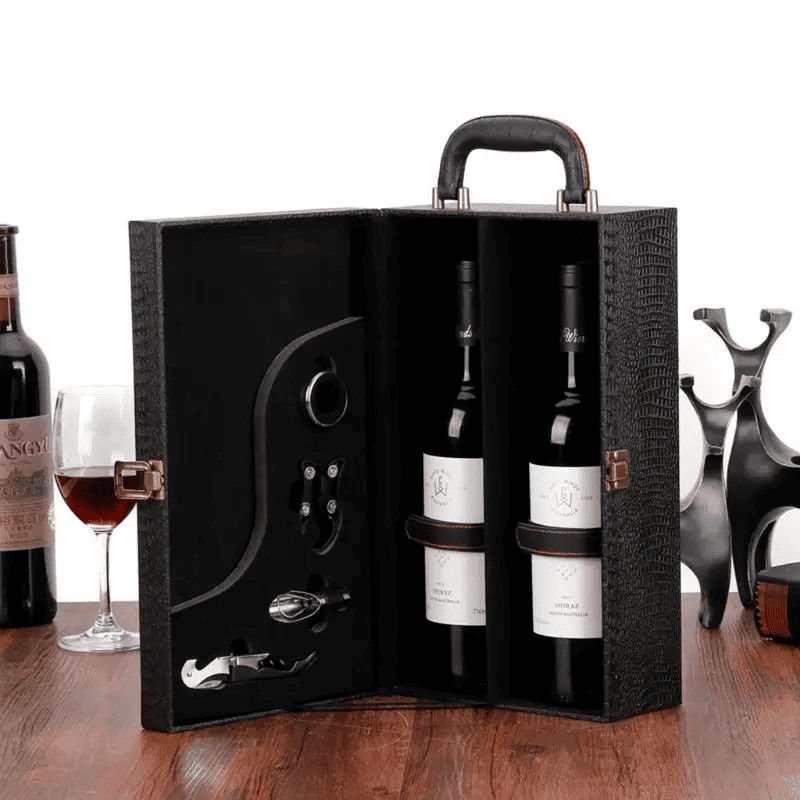 Maleta para vinho de couro com compartimento para 2 garrafas e kit de 4 acessórios