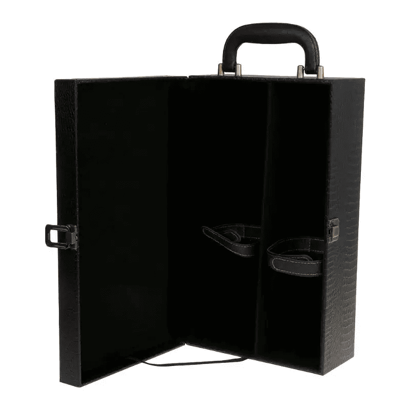 Maleta para vinho de couro com compartimento para 2 garrafas e kit de 4 acessórios