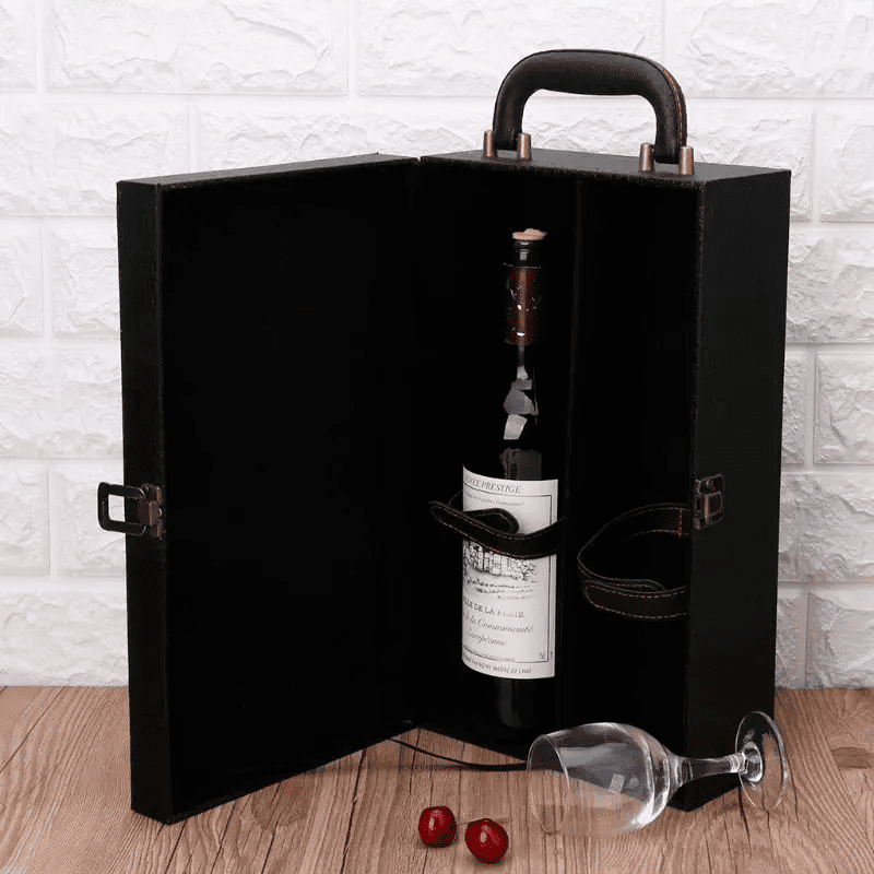 Maleta para vinho de couro com compartimento para 2 garrafas e kit de 4 acessórios