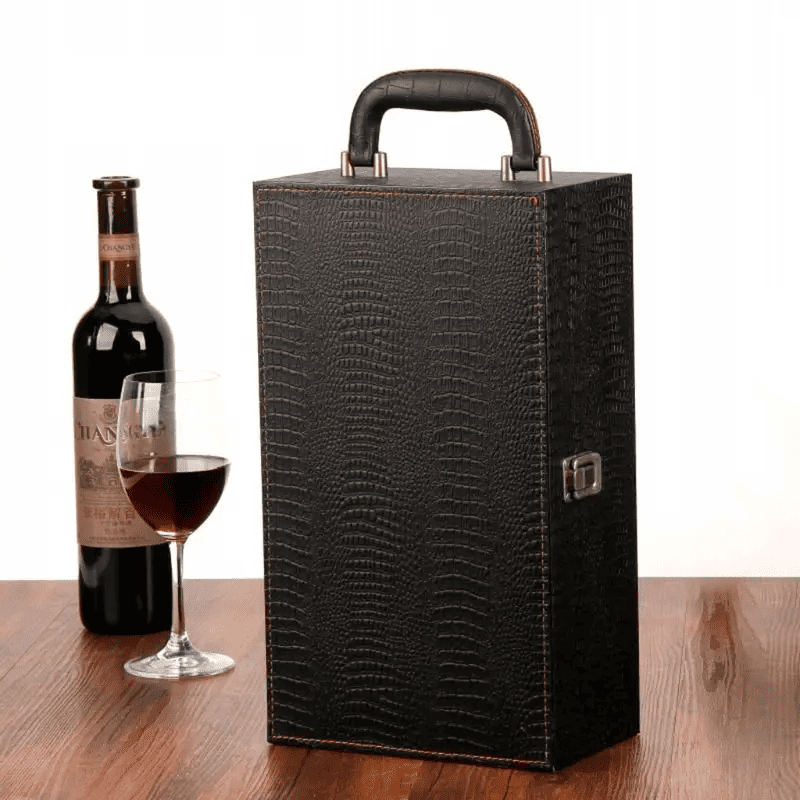 Maleta para vinho de couro com compartimento para 2 garrafas e kit de 4 acessórios