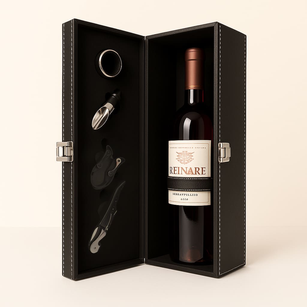 Maleta para vinho de couro com compartimento para 1 garrafa e kit de 4 acessórios