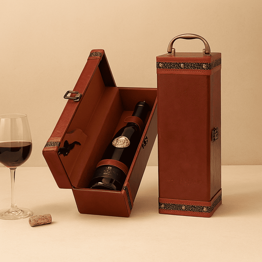 Maleta para vinho de couro com compartimento para 1 garrafa e kit de 1 acessório