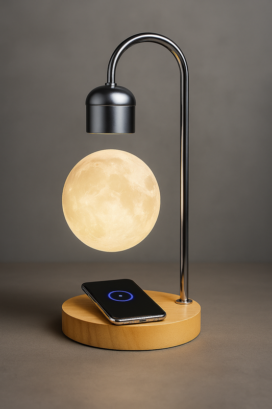 Luminária lua flutuante com levitação magnética e carregador sem fio e por indução acoplado para celular