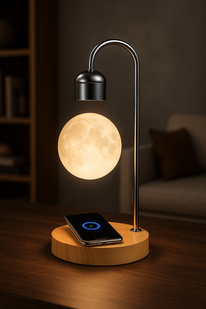 Luminária lua flutuante com levitação magnética e carregador sem fio e por indução acoplado para celular