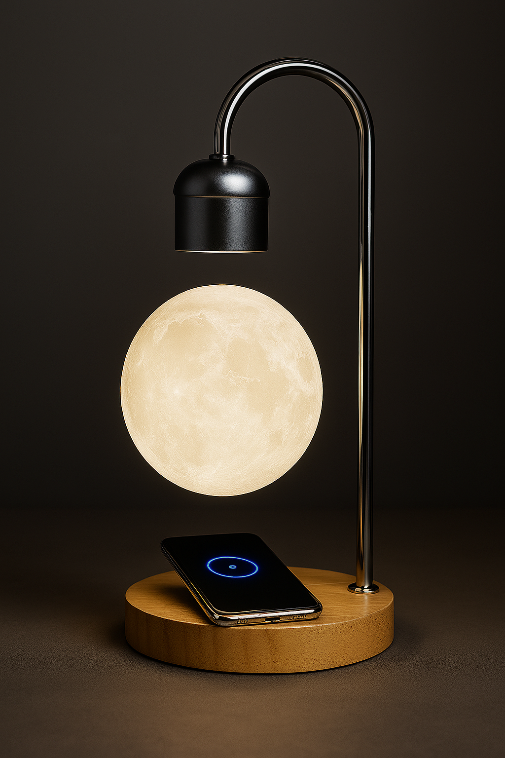 Luminária lua flutuante com levitação magnética e carregador sem fio e por indução acoplado para celular