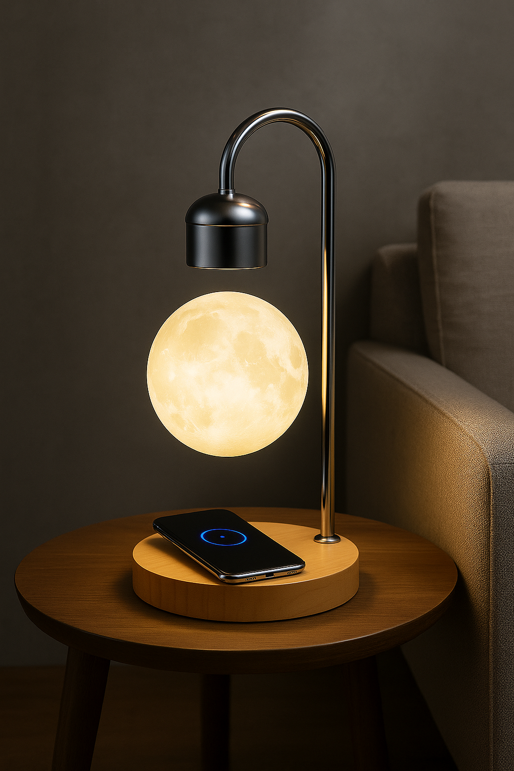 Luminária lua flutuante com levitação magnética e carregador sem fio e por indução acoplado para celular