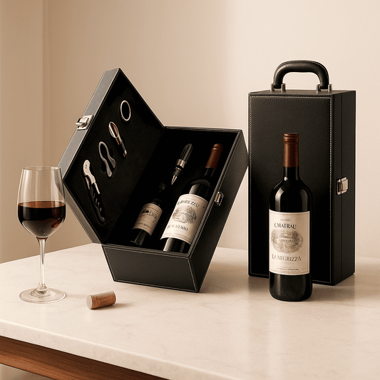Maleta para vinho de couro com compartimento para 2 garrafas e kit de 4 acessórios