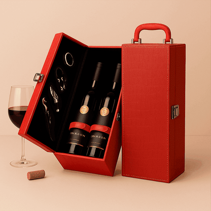 Maleta para vinho de couro com compartimento para 1 e 2 garrafas e kit de 4 acessórios