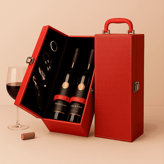 Maleta para vinho de couro com compartimento para 1 e 2 garrafas e kit de 4 acessórios