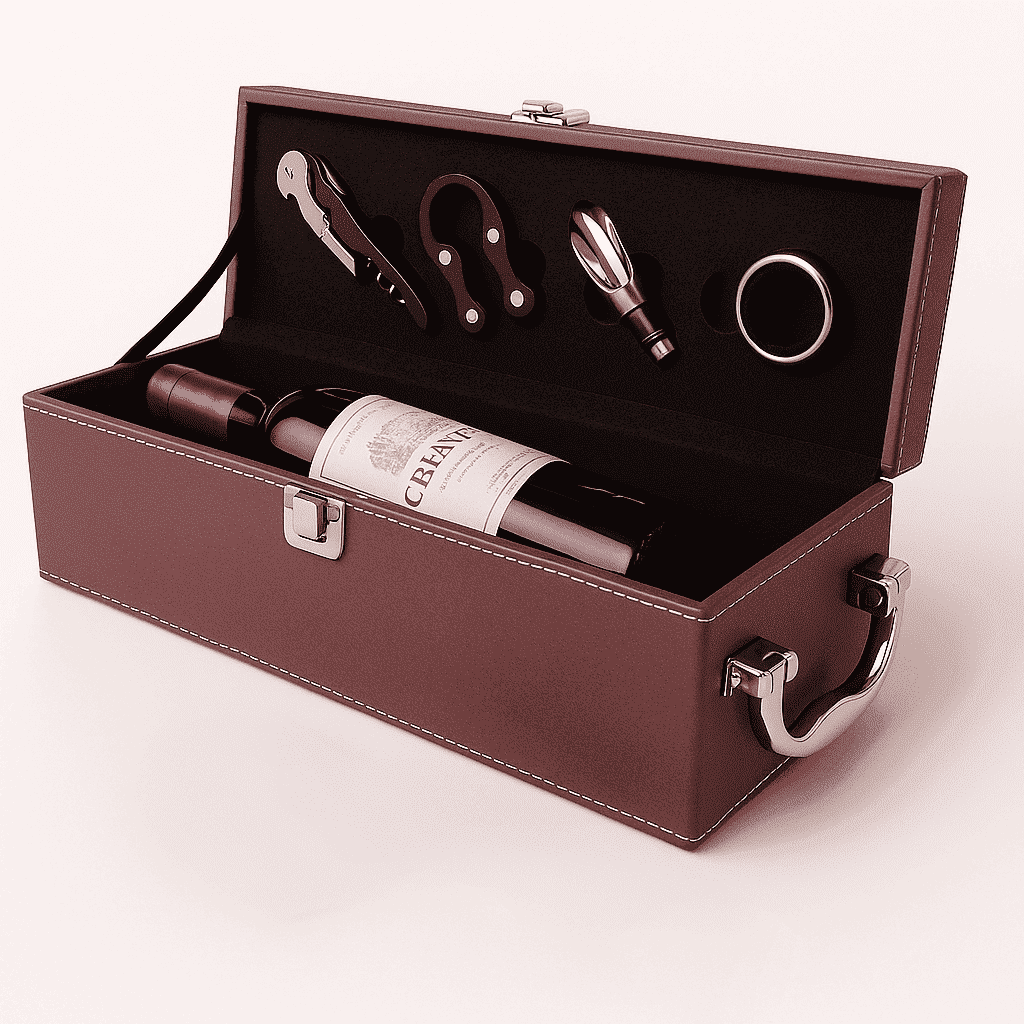 Maleta para vinho de couro com compartimento para 1 garrafa e kit de 4 acessórios
