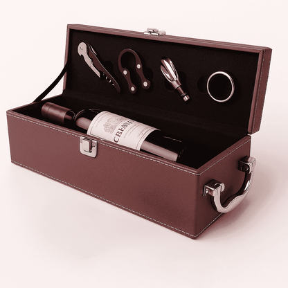 Maleta para vinho de couro com compartimento para 1 garrafa e kit de 4 acessórios