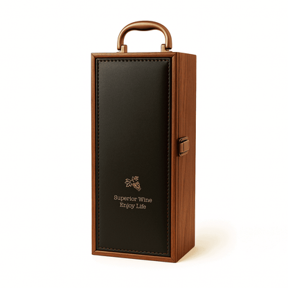 Maleta para vinho de madeira com compartimento para 1 garrafa e kit de 3 acessórios