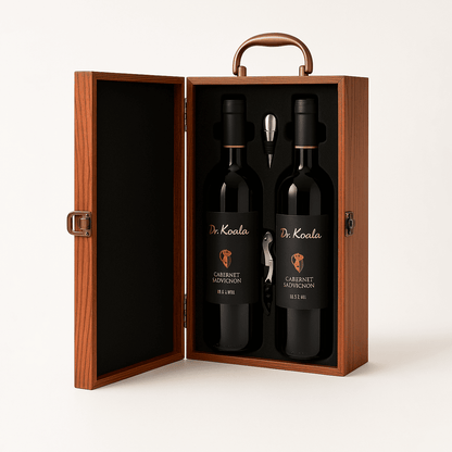 Maleta para vinho de madeira com compartimento para 2 garrafas e kit de 2 acessórios