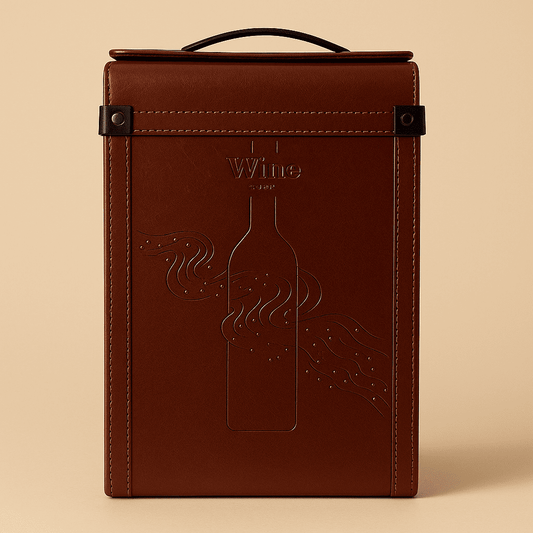 Maleta para vinho de couro com compartimento para 2 garrafas e 1 acessório