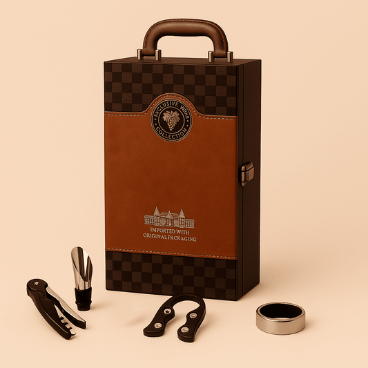 Maleta para vinho de couro com compartimento para 2 garrafas e kit de 4 acessórios