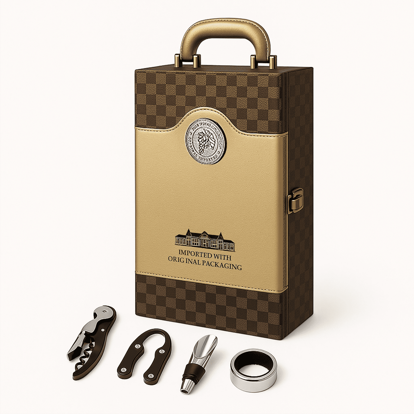 Maleta para vinho de couro com compartimento para 2 garrafas e kit de 4 acessórios