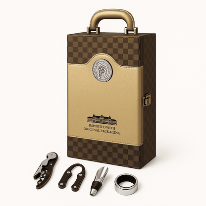 Maleta para vinho de couro com compartimento para 2 garrafas e kit de 4 acessórios