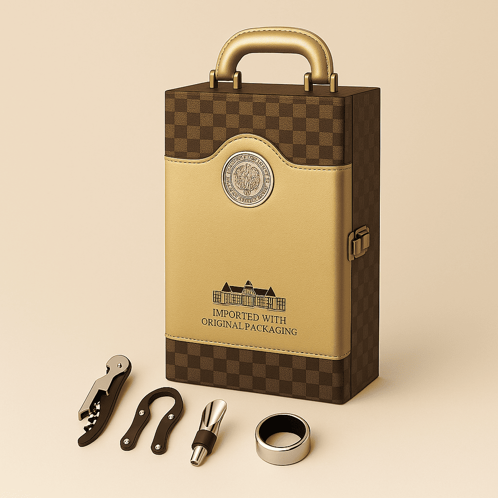 Maleta para vinho de couro com compartimento para 2 garrafas e kit de 4 acessórios