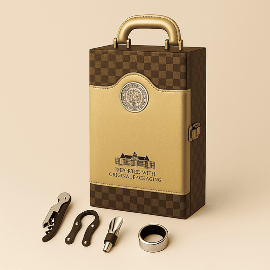 Maleta para vinho de couro com compartimento para 2 garrafas e kit de 4 acessórios