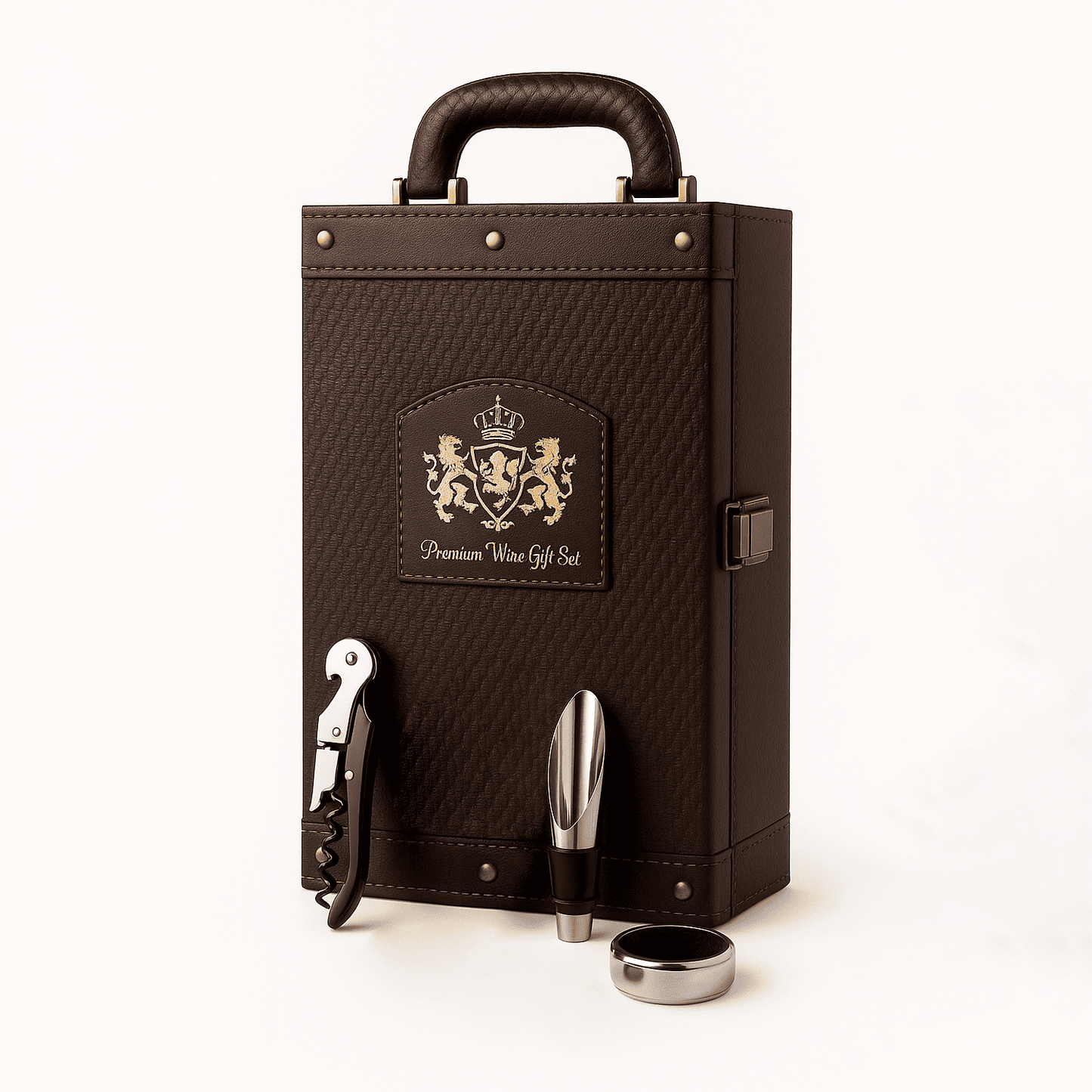 Maleta para vinho de couro com compartimento para 2 garrafas e kit de 4 acessórios