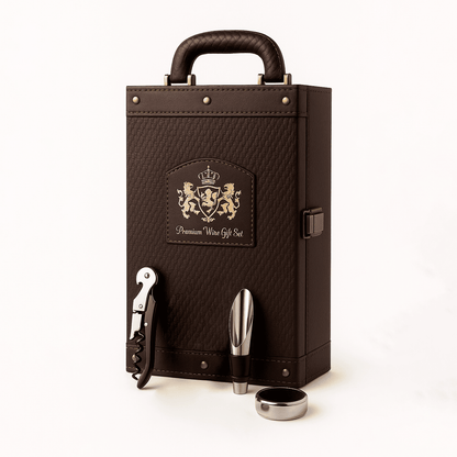 Maleta para vinho de couro com compartimento para 2 garrafas e kit de 4 acessórios