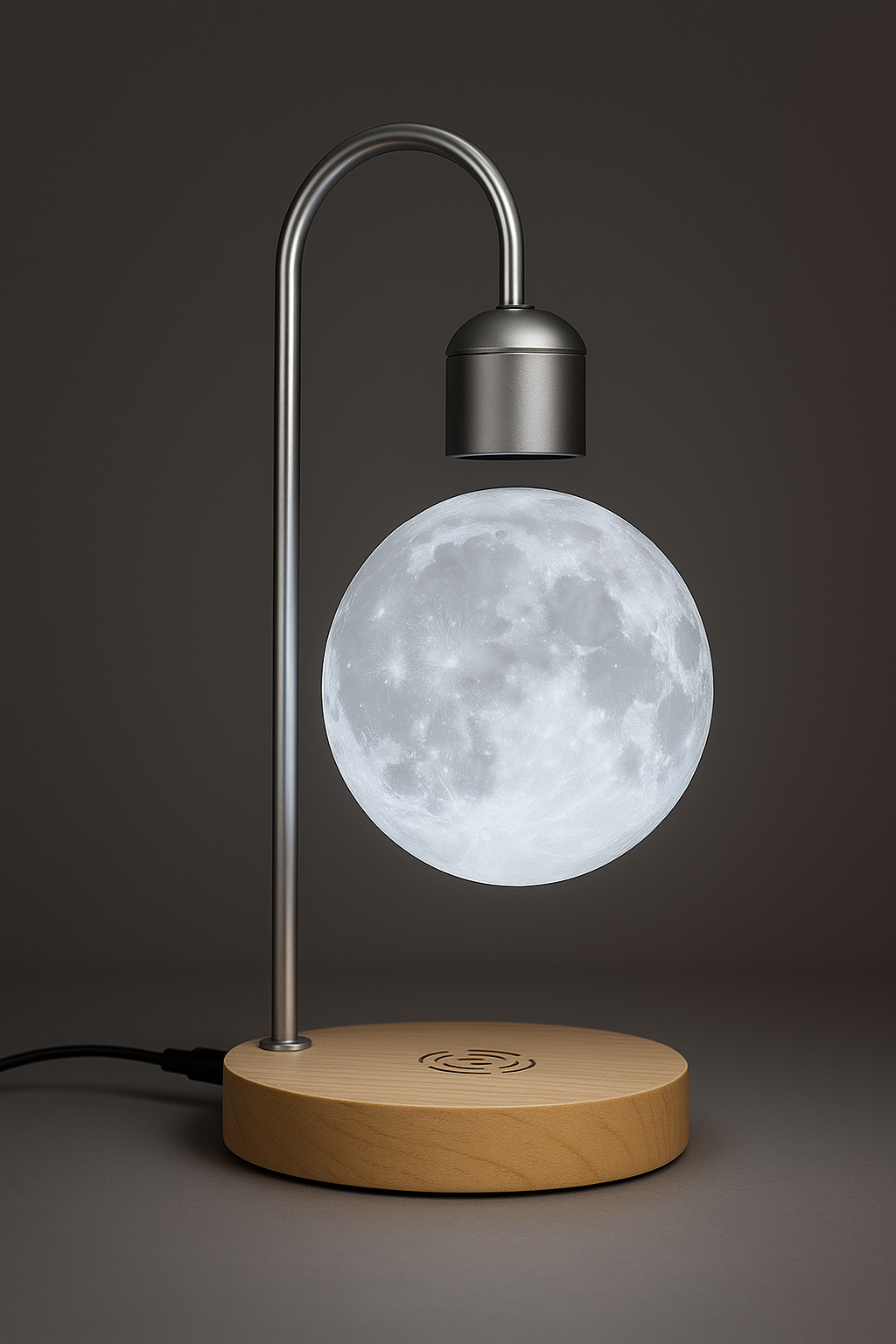 Luminária lua flutuante com levitação magnética e carregador sem fio e por indução acoplado para celular