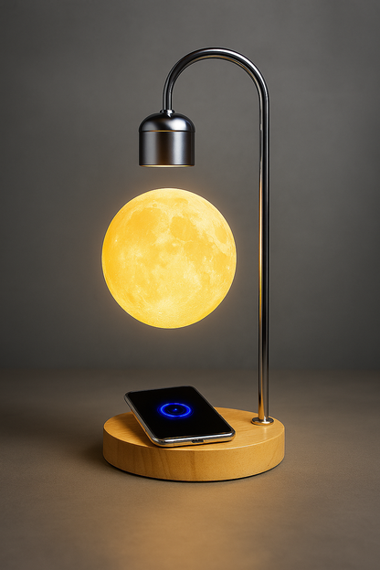 Luminária lua flutuante com levitação magnética e carregador sem fio e por indução acoplado para celular