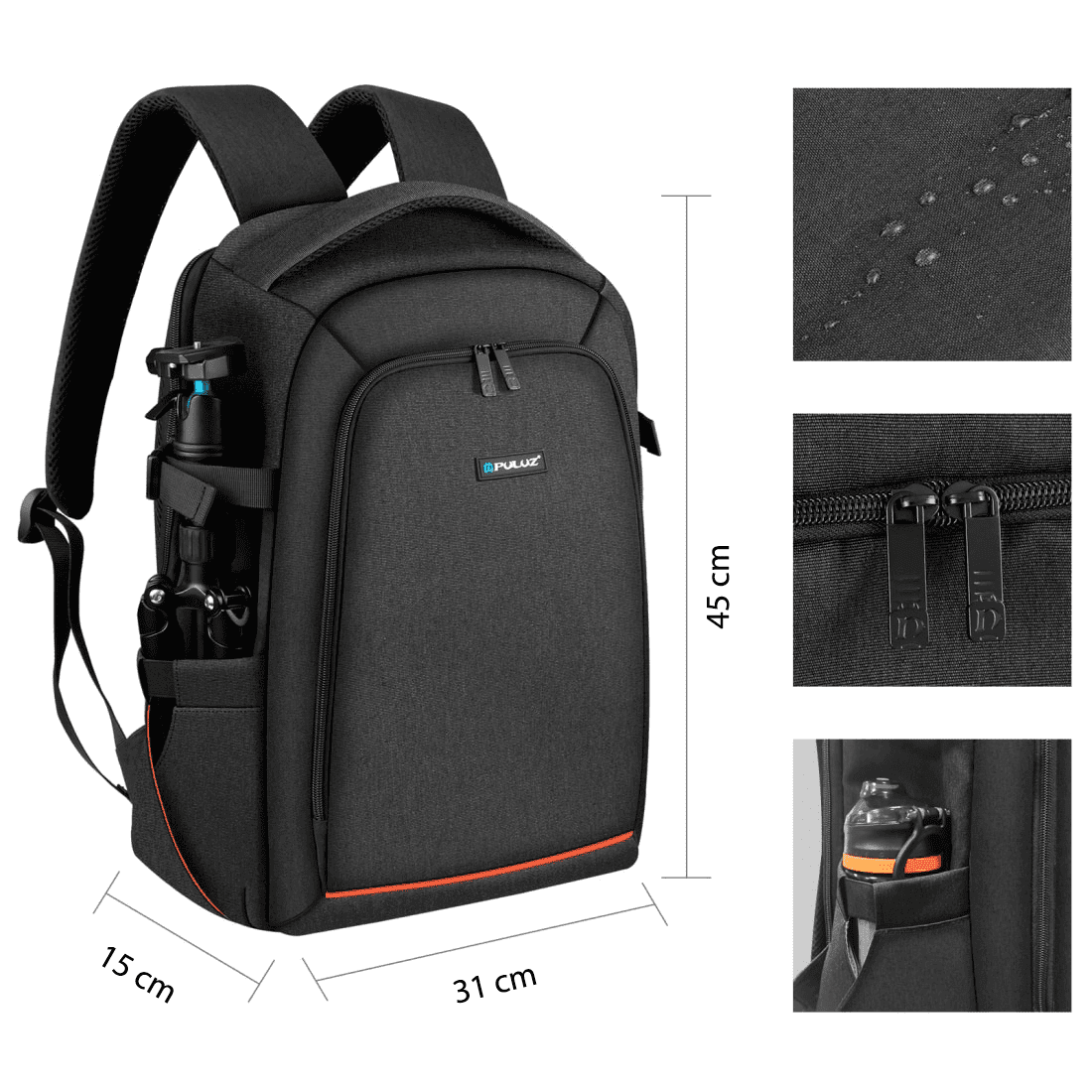 Mochila impermeável para câmeras, lentes e acessórios fotográficos com entrada para fone de ouvido e entrada USB para carregamento de celular