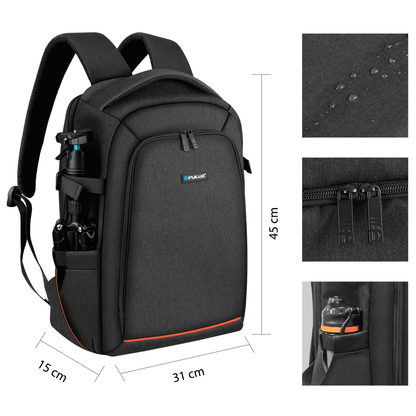Mochila impermeável para câmeras, lentes e acessórios fotográficos com entrada para fone de ouvido e entrada USB para carregamento de celular