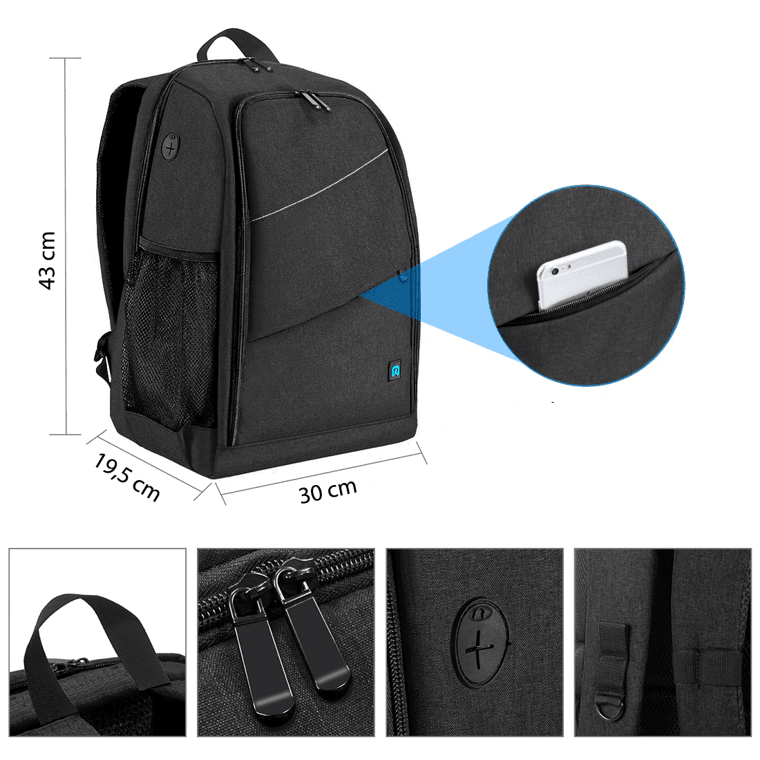 Mochila impermeável para câmeras, lentes e acessórios fotográficos com entrada para fone de ouvido e entrada USB para carregamento de celular