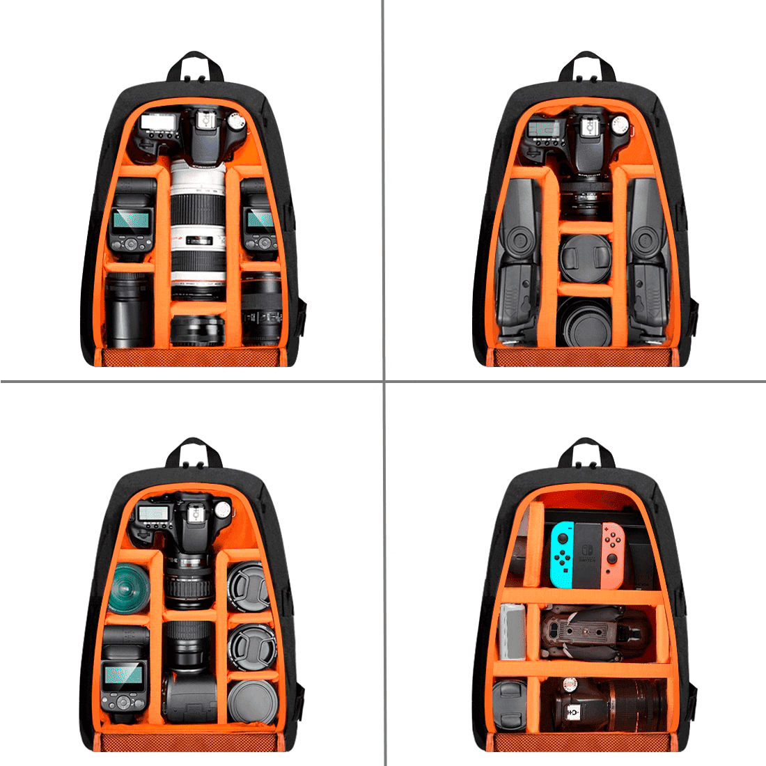Mochila impermeável para câmeras, lentes e acessórios fotográficos com entrada para fone de ouvido e entrada USB para carregamento de celular