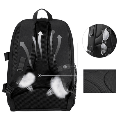Mochila impermeável para câmeras, lentes e acessórios fotográficos com entrada para fone de ouvido e entrada USB para carregamento de celular
